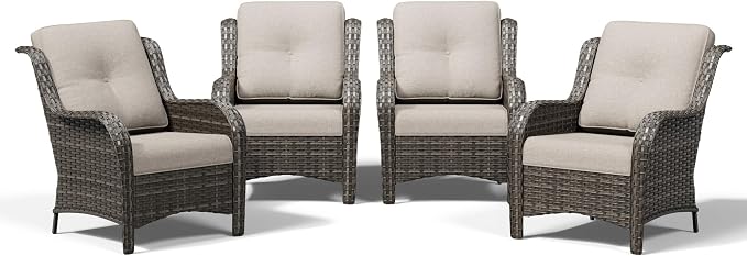 Joyside 4 Piece Wicker Patio Furniture Set, Rattan Patio Chairs with High Back, Deep Seating, Wide Armrest, Thickened Cushions, Outdoor Furniture for Deck, Porch Use