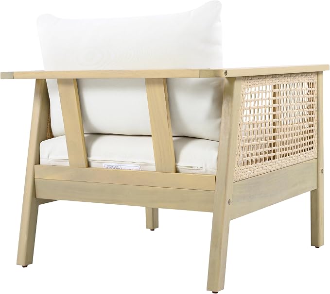 Merax Outdoor Acacia Wood Single Chair PE Wicker Club Chair Dining Chair with Waterproof Detachable Cushion, Light Teak Finish & Cream Cushion