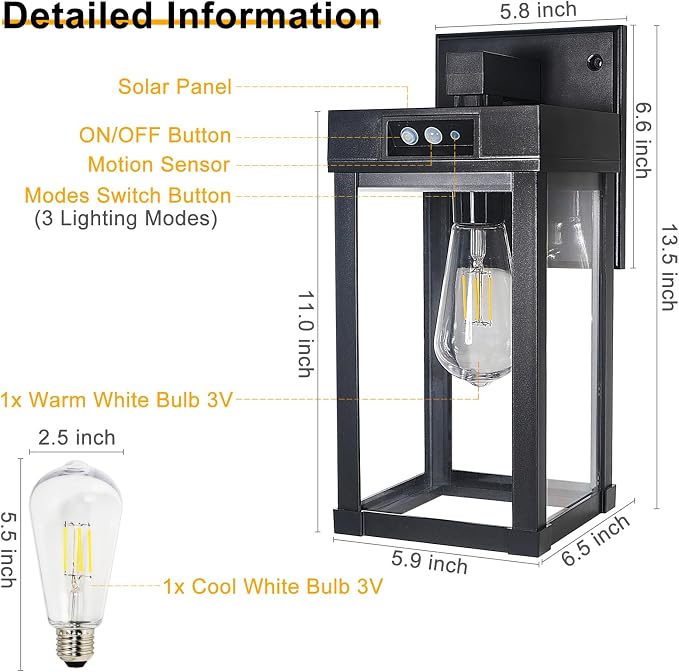 Solar Wall Lights Outdoor, Solar Sconce Lantern with 3 Lighting Modes | Motion Sensor, Porch Light Fixture Outside Waterproof with Clear Panel for Garage Yard Front Door Shed