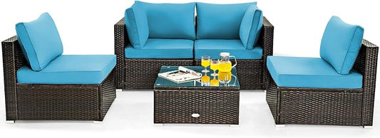 COSTWAY 5-Piece Outdoor Patio Furniture Set, PE Rattan Sofa Chairs with Cushions and Tempered Glass Coffee Table, Conversation Sofa Set for Backyard Garden (Turquoise)