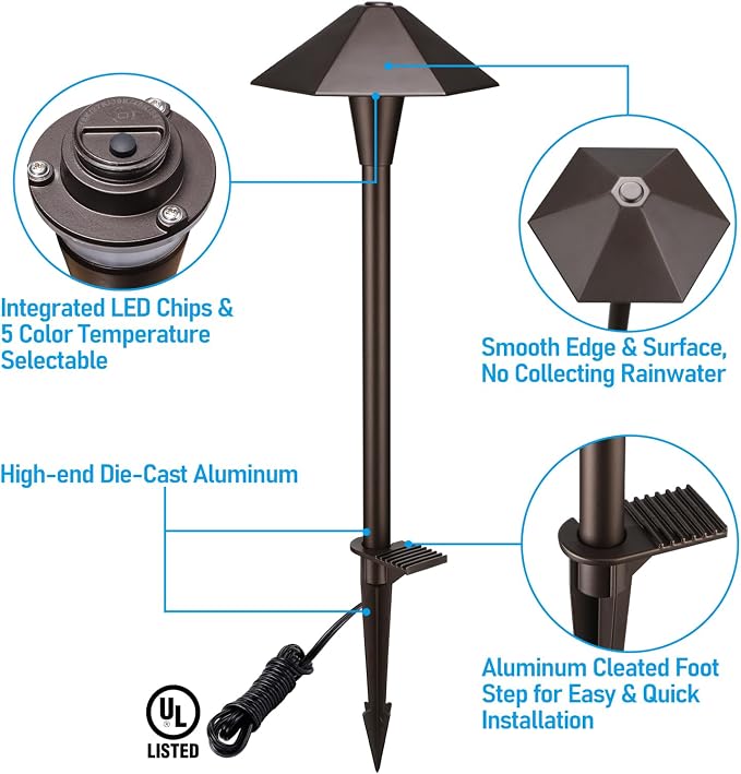 LEONLITE 6-Pack 5CCT Low Voltage LED Pathway Lights, Hexagon Head | 12-24V AC/DC, IP65, Landscape Path Lights, for Walkway Yard Garden, 1800/2700/3000/4000/5000K, Oil Rubbed Bronze, Aluminum