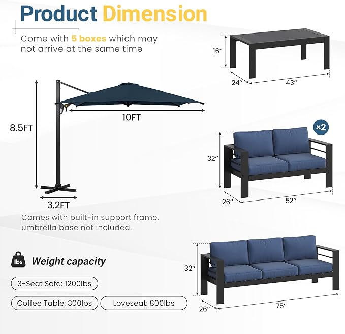 Wisteria Lane 5 Pieces Aluminum Patio Furniture Set with Umbrella, All Weather Oversized Outdoor Furniture Set with Deep Seat and Back Cushion, Patio Conversation Sets with Wide armrest, Blue & Navy