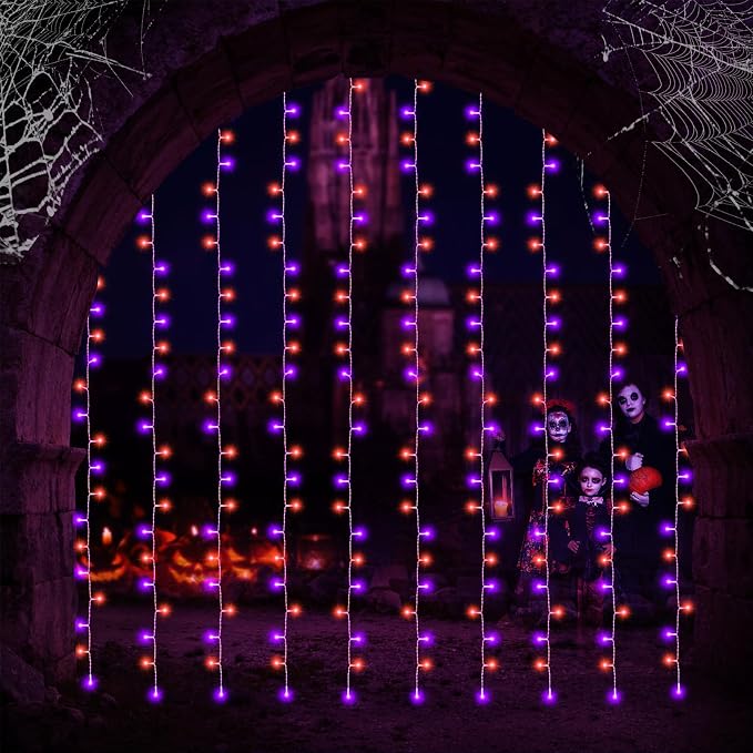 echosari Halloween Curtain Lights Battery Operated 300 LED Purple Orange | 9.8Ft x 9.8Ft Hanging Lights with Remote Timer for Party Garden Yard Decor