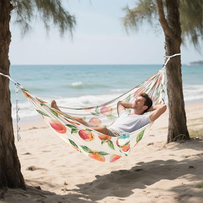 Camping Hammock Outdoor Hammocks for Outside Peach Watercolor Style Beach Trees Portable Lightweight with Pockets Tree Straps Indoor Small