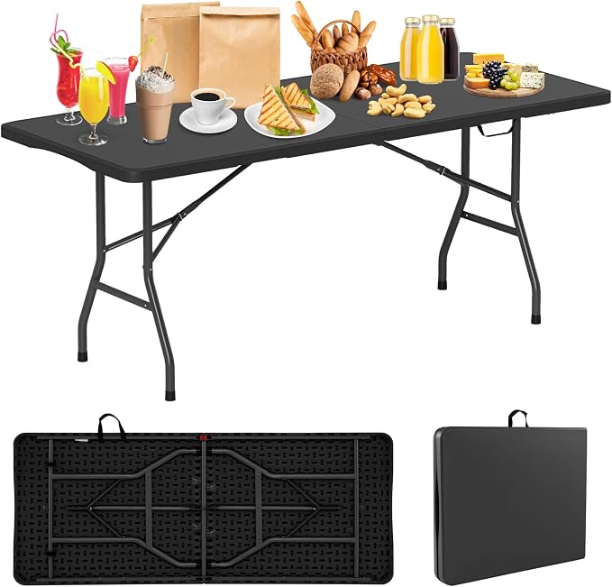 Folding Table, HDPE Portable Table with 6 ft Long Tabletop, Metal Frame Picnic Camping Table with Safe Lock, Collapsible Dining Table for Camping, Picnic, Party (Black, 6 FT)