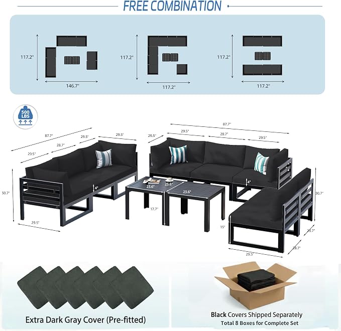 NICESOUL 10 Piece Large Luxury Aluminum Patio Conversation Set, 29" Deep Wide Comfortable Sitting, L Shaped Modular Sectional Couch, 500 lbs Heavy Duty All Weather Outdoor Sofa for Backyard, Black