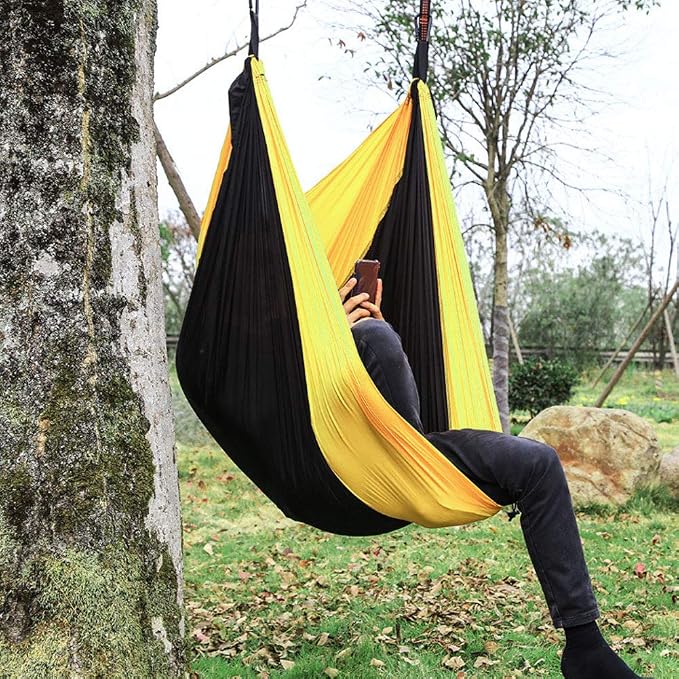 Breathable Hanging Chair Bed, 260x140cm Dual Use Portable Hammock Swing, Garden Hammock with Steel Buckle for Camping Courtyard Corridor Outdoor (Yellow Gray)
