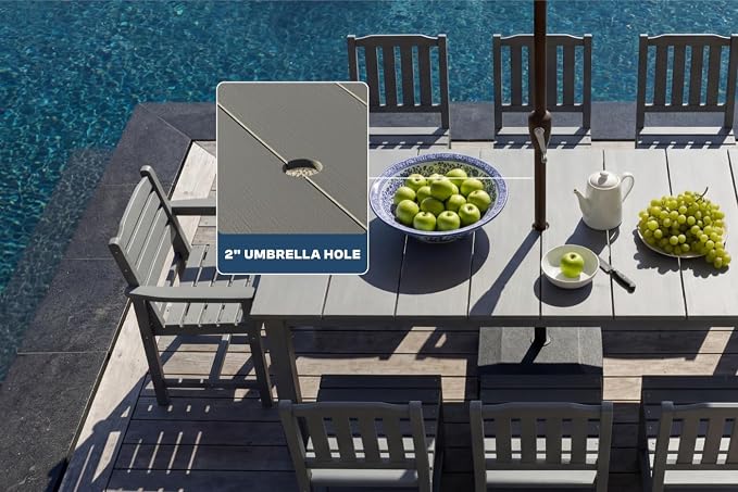 Perli™ 9-Piece Outdoor Dining Set, All-Weather HDPE Patio Furniture with 8 Ergonomic Chairs & Large Table, Built-in Umbrella Hole, UV-Resistant Set for Backyard, Deck, Poolside, Grey