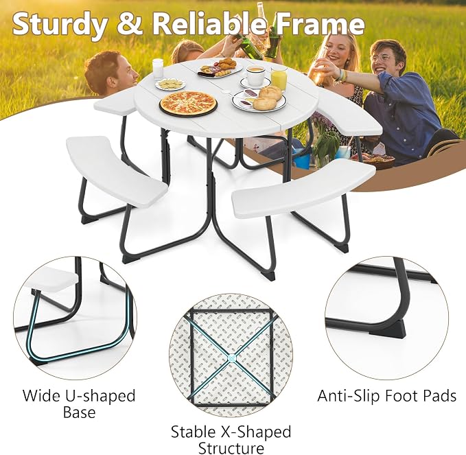 Moccha Picnic Table Bench Set - Outdoor Table and Chairs with Umbrella Hole, HDPE Tabletop & Metal Frame, Dining Table Set, Outdoor Camping Table for Garden Backyard Porch Patio Table Set (White)