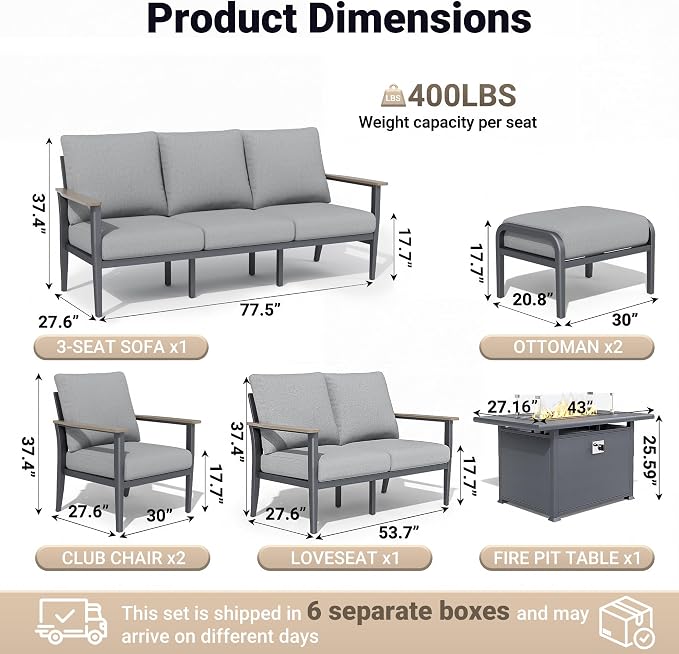 Aluminum Outdoor Patio Furniture Set, 7-Piece Sectional Sofa with 5.1" Thick Cushions, Ottomans, 55,000 BTU Propane Fire Pit Table, Outdoor Couch for Backyard, Deck, Gray