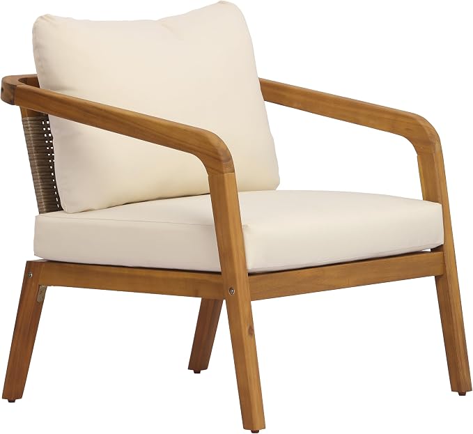 Merax 2 Piece Acacia Wood Outdoor Patio Club Chair with PE Wicker Backrest & Cushions– Modern Accent Armchair for Balcony, Poolside, and Sunroom