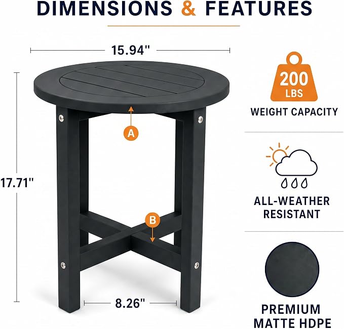 GDFStudio HDPE Outdoor Side Table, Small Patio End Table, All-Weather Round Accent Table for Porch Balcony Deck Poolside, Black