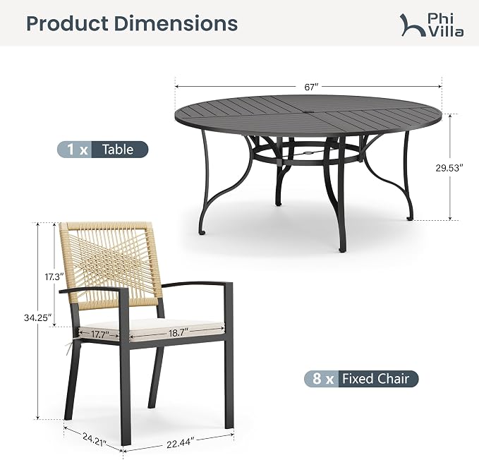 PHI VILLA Outdoor Dining Set for 4, 67" Round Table, Wicker Chairs | Outdoor Dining Set for 8, Round Patio Dining Table Set with Patio Wicker Chairs for Garden, Porch, Backyard, Deck