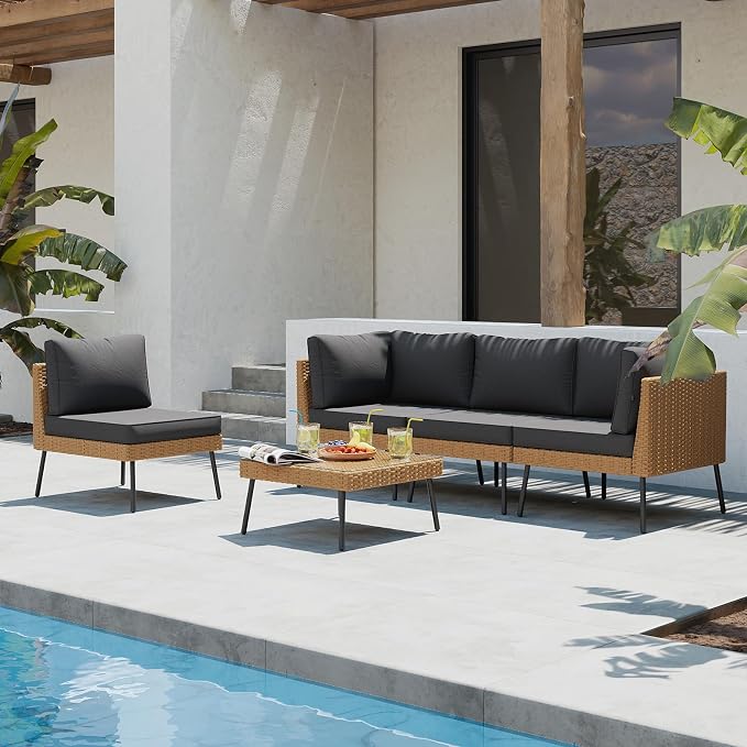 Aoxun Patio Furniture Set, 5 Piece Outdoor Sectional Sofas with Thick Cushion, Wicker Outdoor Patio Furniture Set with Coffee Table for Party, Garden, Backyard, Black