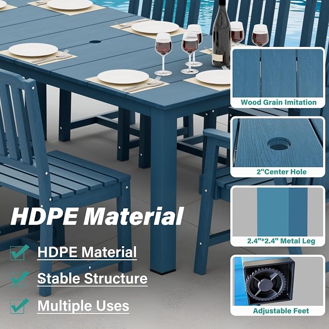 9 Piece HDPE Patio Dining Set for 8, Outdoor Furniture,Navy | 75.2” table,8 person outdoor table and chairs set, fade resistant HDPE, strong structure built for backyard entertaining