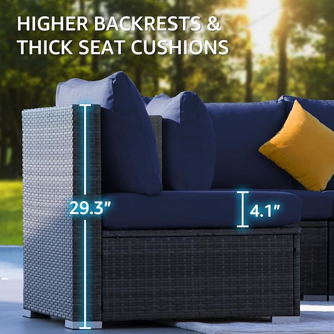 NICESOUL 13 Piece Patio Sectional w/Fire Pit, Modular Wicker Outdoor Couch w/Chaise Lounge, Large Size 29.3'' High-Back Deep Conversation Seating, All-Weather Backyard Movie Furniture, Grey & Blue