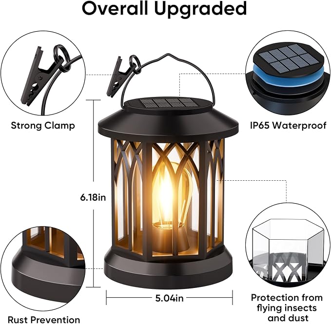6-Pack Solar Lanterns Outdoor Waterproof: Hanging Lantern Decorative Accent | Hang & Clip for Patio Table, Ip65 Waterproof, Auto On/Off, Lasts 12-15h Glow, High-Capacity Battery, Warm Ambiance, No Wiring