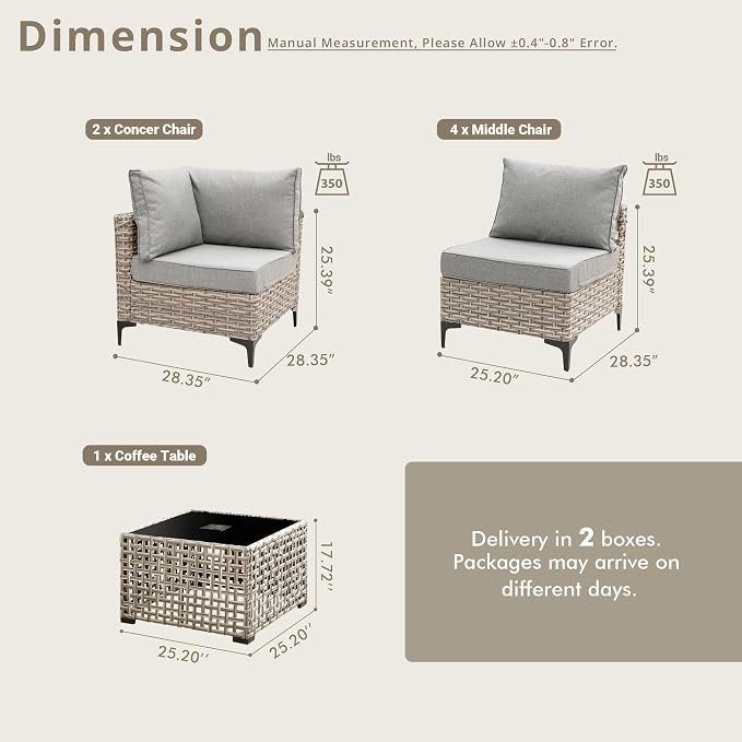 5 Pieces Patio Sectional Furniture Set, Outdoor Wicker Sectional Couch with Solar Lights Table, Modern Conversation Set for Porch Balcony Backyard, Dark Gray