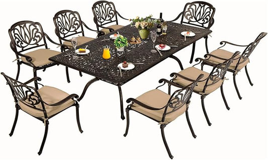 TITIMO 9-Piece Cast Aluminum Patio Furniture Set, Outdoor Patio Dining Set Bistro Conversation Set, Rectangular Dining Table Set w/Cushions Umbrella Hole (Khaki-Fixed Elizabeth Chair, 9 Pcs)