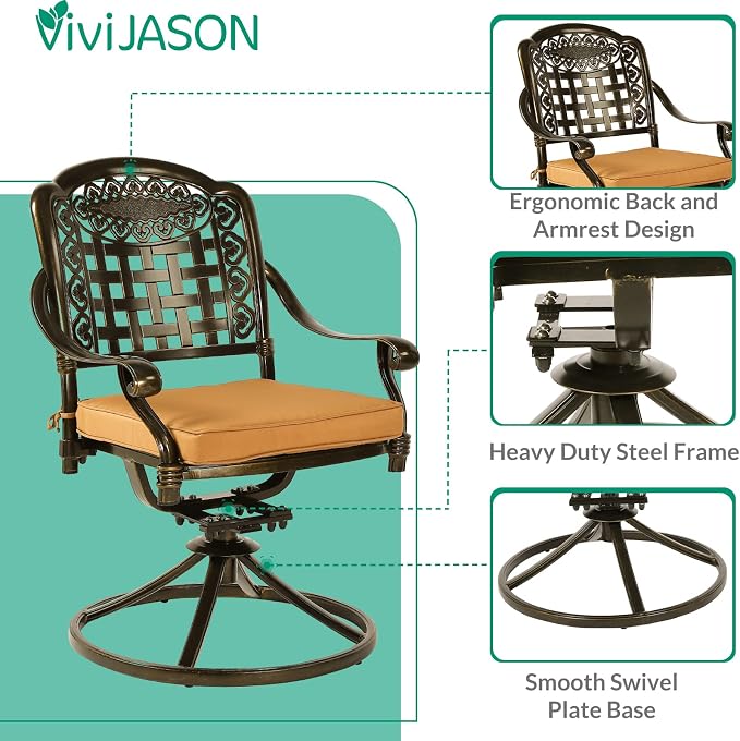 VIVIJASON 5-Piece Outdoor Patio Dining Set, All-Weather Cast Aluminum Conversation Set, Patio Furniture Set for Balcony Lawn Garden, Include 4 Swivel Cushioned Chairs, 1 Square Table w/Umbrella Hole