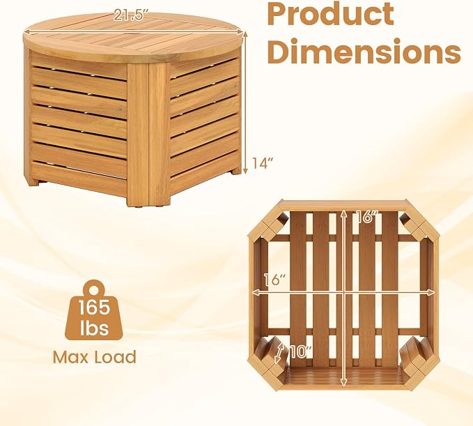 Tangkula 2-in-1 Outdoor Side Table with Storage, Acacia Wood Slatted Coffee Table with Umbrella Hole & Removable Base, Round Slatted End Storage Box for Backyard, Poolside