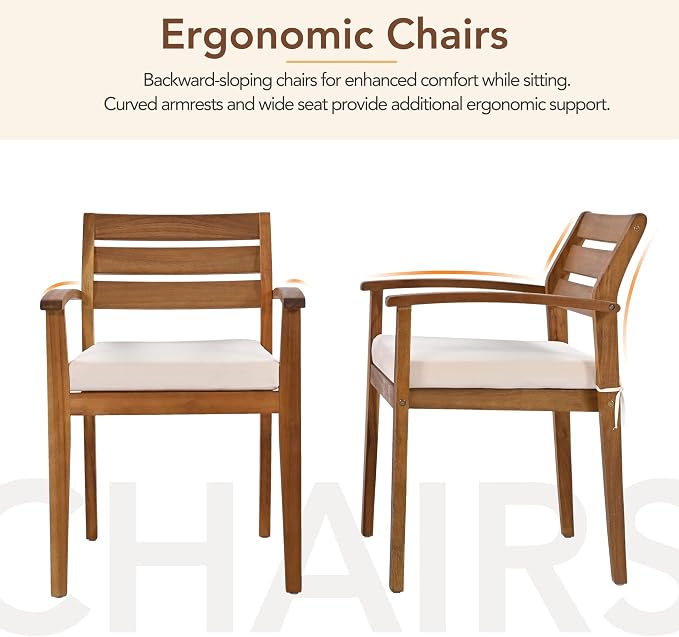 Outdoor Wood Dining Set for 7-8 Person, 7 Piece Outdoor Dining Table Set with Bench and Chairs, Acacia Wood Patio Dining Furniture with Removable Cushions, Adjustable Feet, Acacia wood Color