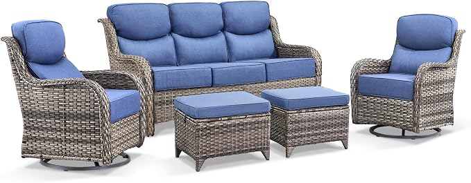 Luxury 5 Pieces Outdoor Patio Furniture Set-High Back Swivel Rocker Patio Chairs with Sofa and Ottomans, 6-inch Extra Thick Cushions Wicker Outdoor Conversation Set for Garden Porch(Grey/Blue)