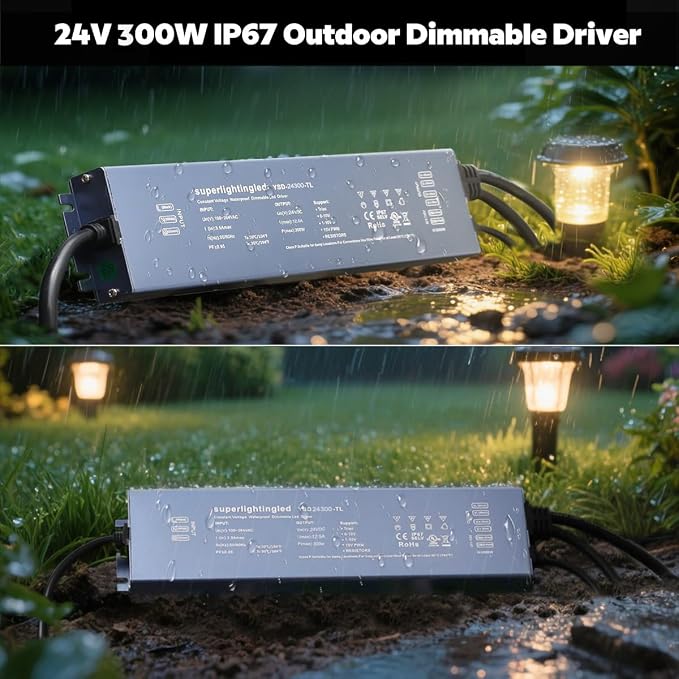 DC24V 300W UL-Listed 0/1-10V & TRIAC Dimmable LED Transformer Drive Waterproof IP67 Outdoor Power Supply for 24V DMX LED Wash Wall Lights(24V 300W 0-10V+Triac)