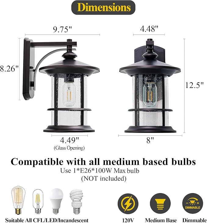 MICSIU 12.5" Height Large Farmhouse Bronze Outdoor Wall Light, Max 100W | 8" Wide Rustic Exterior Fixture with Clear Seedy Glass, Weatherproof Porch Light for Front Door, Garage, Gate, Patio, Deck