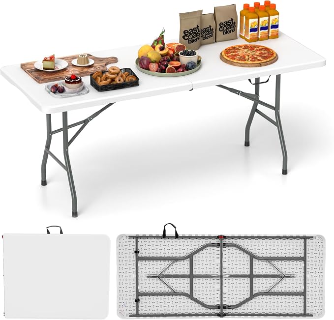 Tangkula 6 FT Folding Table, Indoor Outdoor Foldable Plastic Table with HDPE Tabletop, Sturdy Metal Fame, Carrying Handle, Heavy Duty Portable Fold-in-Half Picnic Table for Camping BBQ Party