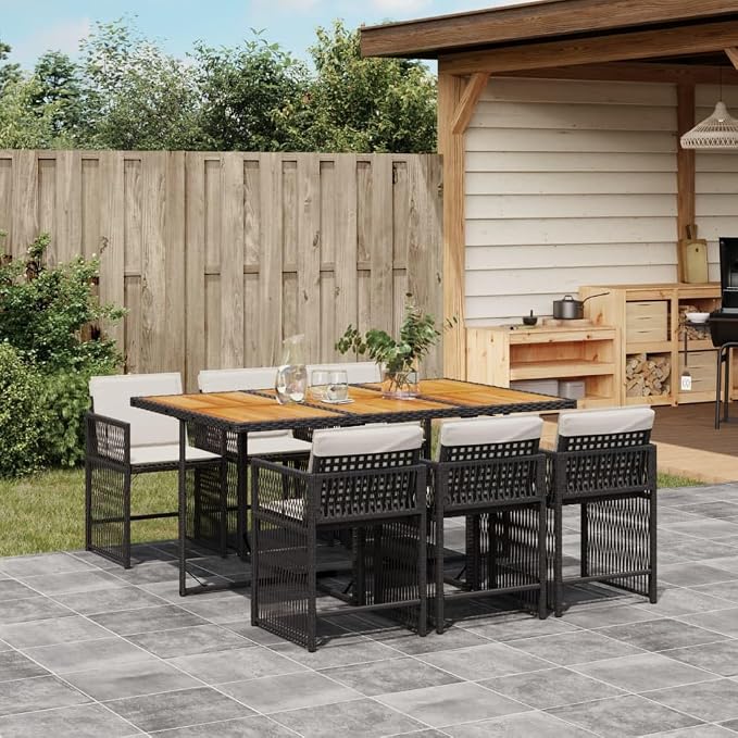 7 Piece Outdoor Dining Set Black Cream White Patio Furniture Set with Rectangle Table and 6 Chairs, UV Resistant Poly Rattan Acacia Wood Folding Design for Garden Backyard Balcony Entertaining