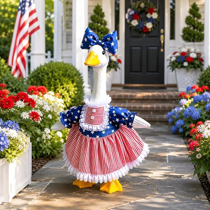 Mysense 4th of July Porch Goose Outfit for 23 Inch Goose Statue, Patriotic Red White Blue Goose Clothes with Bow for Outdoor Garden Patio Decor, USA 250th Anniversary Merchandise