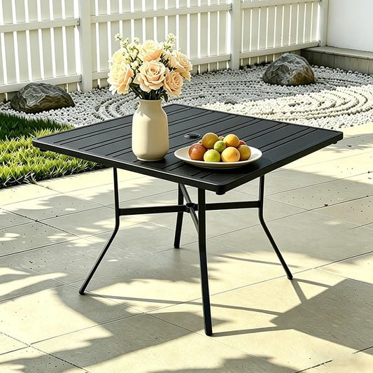 4-Seat Small Metal Square Outdoor Table with Umbrella Hole, Weather-Resistant Black Patio Dining Table for Backyard, Compact Sturdy Table with Slatted Top for Porch & Poolside