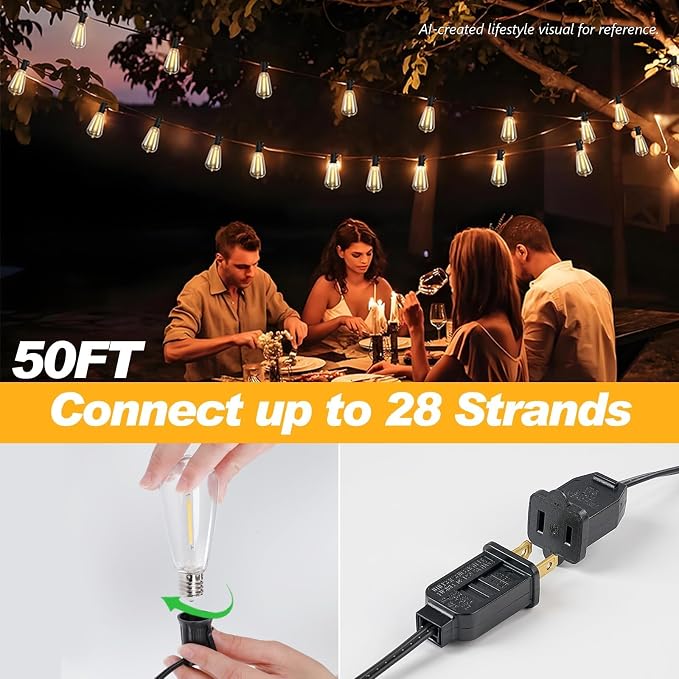 50FT LED Outdoor String Lights Waterproof, Edison Lights for Outside | with 27 Shatterproof Vintage Edison Bulbs Connectable Hanging Patio Lights for Yards Balcony Porch Bistro Garden Decor