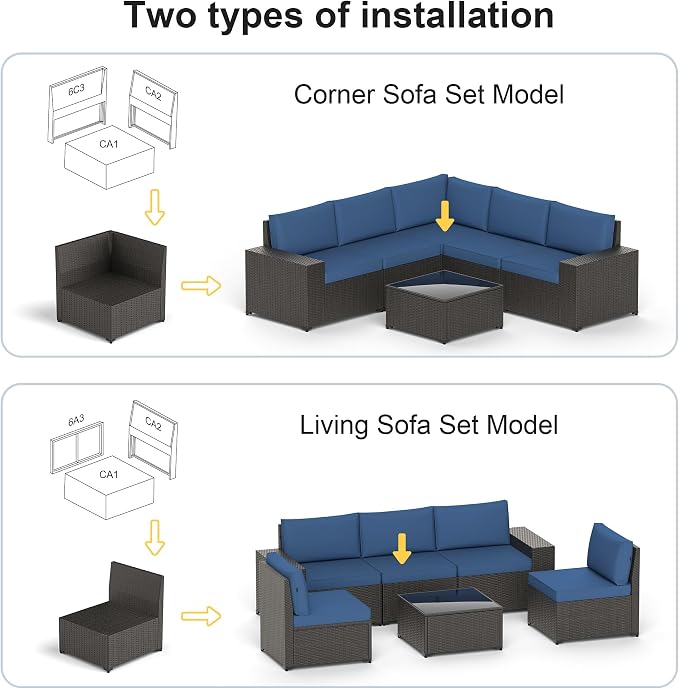 Patio Furniture Set, 6PCS Outdoor Sectional with Ottoman Wicker Rattan Patio Couch with Thickened Cushion Modular Wicker Patio Conversation Set with Glass Top Table for Balcony, Backyard(Blue)