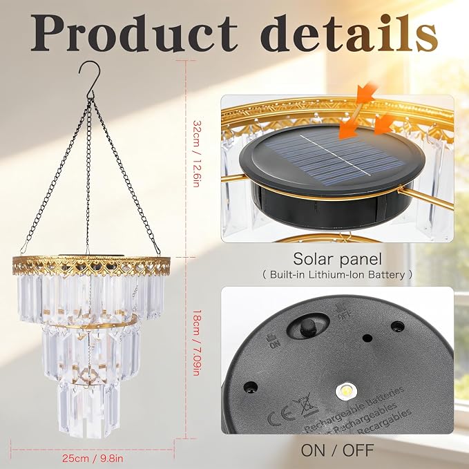 Solar Hanging Crystal Chandelier Vintage Outdoor Garden Decor Light | Waterproof metal frame with warm white LED and powerful battery elegant illumination to patio, gazebo, party, tree, wedding