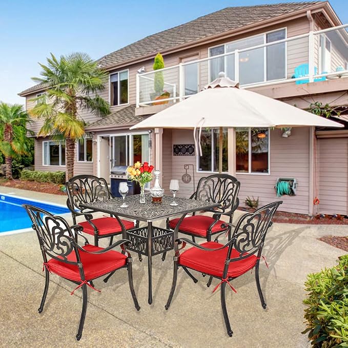 TITIMO 5-Piece Outdoor Patio Dining Set,Cast Aluminum Furniture Patio Conversation Set All-Weather Includes Square Table with Umbrella Hole for Patio Garden Deck, Flower Design (Red)