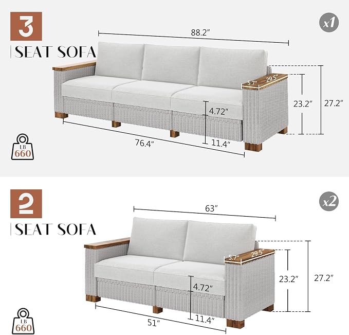 LUXOAK 7-Piece Outdoor Patio Sofa Set, PE Wicker Furniture with 5.9" Solid Wood Armrest, Deep Seating Sectional Conversation Set with Cushions for Backyard, Deck, Porch, Poolside, Garden