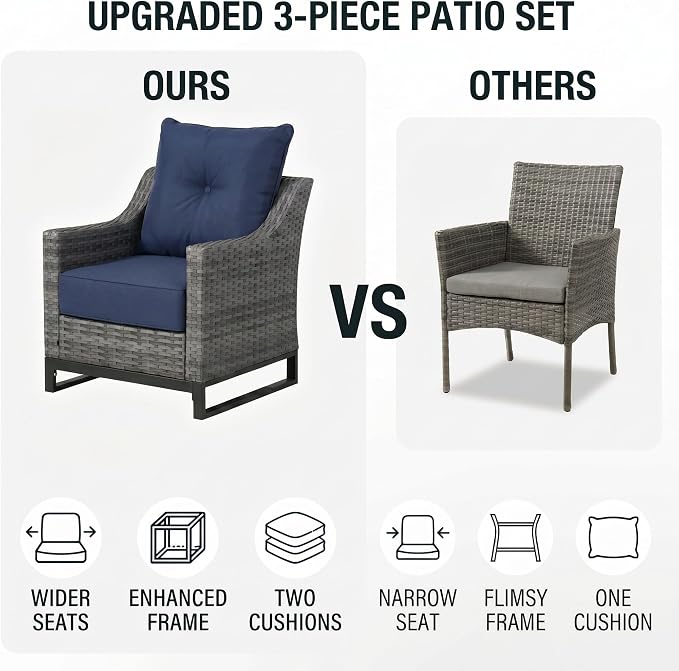 3 Pack Patio Furniture Set with 6" Thick Cushions, Dienspeak Rattan Wicker Patio Set with Two Outdoor Chairs and Table, High Back Rattan Chair with Comfy Cushions for for Porch, Garden Poolside Balcon