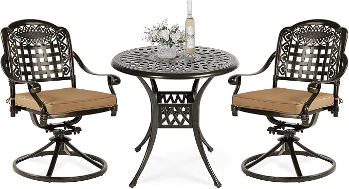 VIVIJASON 3-Piece Patio Bistro Set, Outdoor All-Weather Cast Aluminum Furniture Dining Set, Include 2 Swivel Chairs and 31" Round Table w/Umbrella Hole for Balcony, Lawn, Garden, Antique Bronze