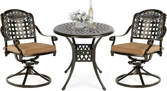 VIVIJASON 3-Piece Patio Bistro Set, Outdoor All-Weather Cast Aluminum Furniture Dining Set, Include 2 Swivel Chairs and 31" Round Table w/Umbrella Hole for Balcony, Lawn, Garden, Antique Bronze