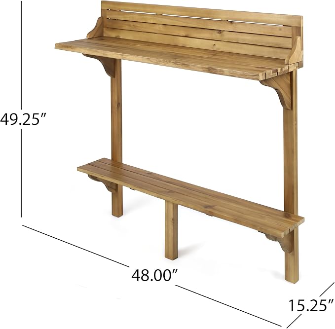 Merax Wall Mounted Balcony Table, Folding Outdoor Bar Table with Acacia Wood Top, Space Saving Railing Table for Patio, Small Balcony, Natural