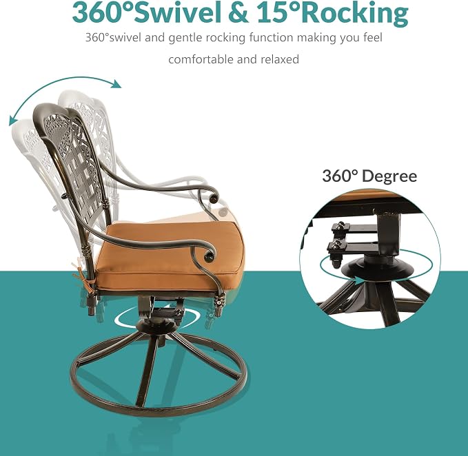 MEETWARM 7-Piece Outdoor Patio Dining Set, All-Weather Cast Aluminum Patio Conversation Set with 4 Stationary, 2 Swivel Rocker Chairs, 1 Rectangular Table, 6 Cushions, 2" Umbrella Hole