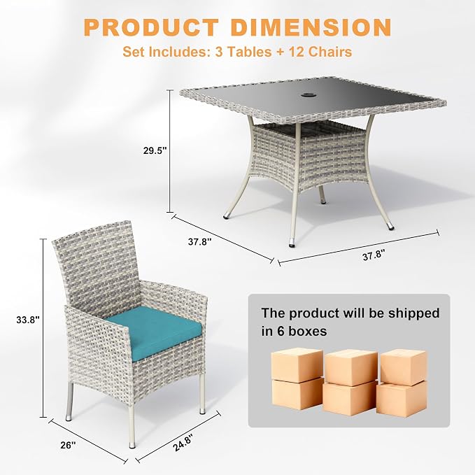 15-Piece Patio Dining Set, Patio Furniture Set with Square Tempered Glass Table & 12 Wicker Chairs, Expandable Design for Larger Groups, Outdoor Furniture for Backyard, Deck, Garden, Turquoise
