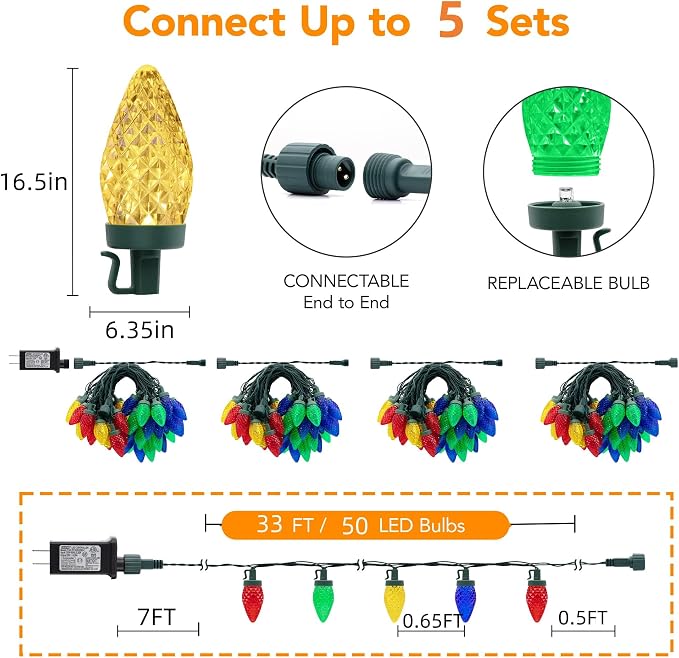 C9 LED Christmas Lights Outdoor,33 Feet 50 LED 8 Lighting Modes Waterproof Connectable Christmas String Lights for Outside Roofline Patio Home Xmas Decorations (Multicolored)