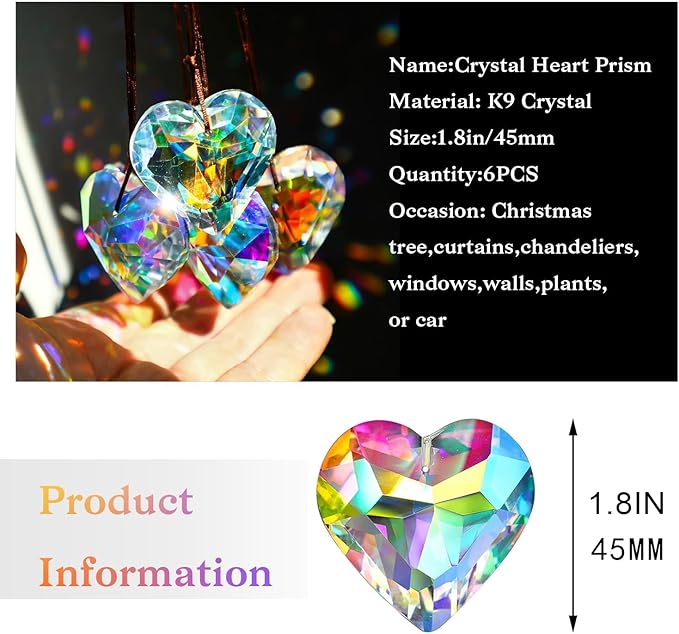 6pcs 50mm Crystal Heart Prism Suncatcher Window Sun Catchers Crystals | Hanging Decorations Rainbow Maker Pendant Glass Ornaments For Christmas Tree Valentine’s Day Birthday Gift For Women Mom