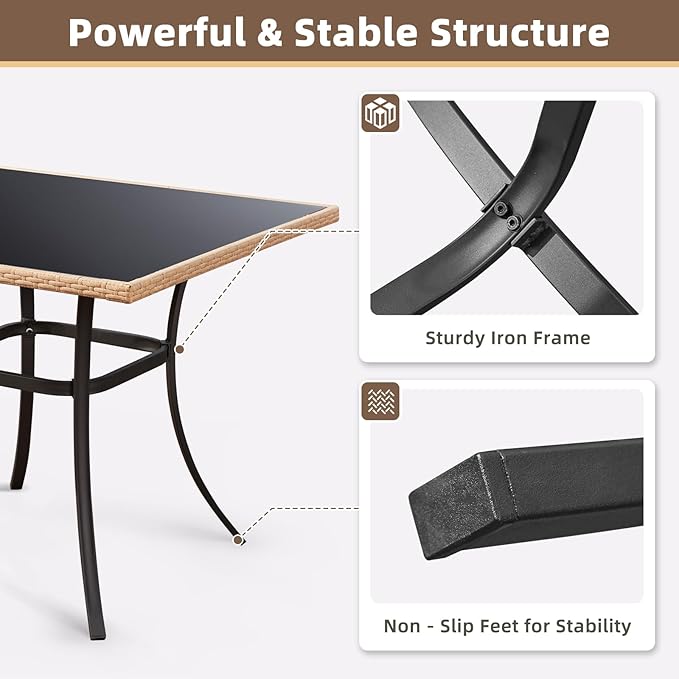 35.2-Inch Square Outdoor Dining Table, Weather-Resistant Rattan & Steel Frame with Tempered Glass Top, 4-Person Patio Furniture for Garden, Balcony, Backyard, Modern Black Bistro Table(Only Table)