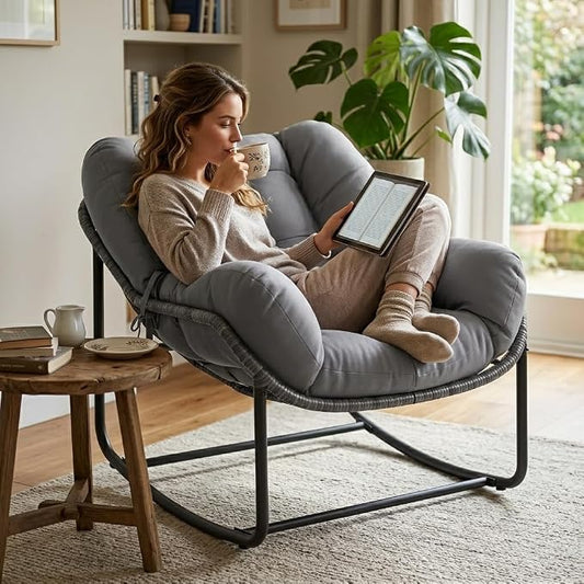 GarveeLife Outdoor Lounge Rocking Chair, Iron Frame Patio Rocker Chair with Cushion, Gray Relaxing Outdoor Chair for Patio and Backyard