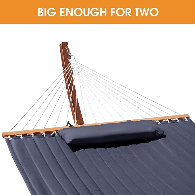 Lazy Daze Hammocks Double Quilted Hammock with 13 FT Curved Steel Heavy Duty Stand and Pillow for Outside, Backyard, Patio, 450 Lbs Capacity, Dark Grey