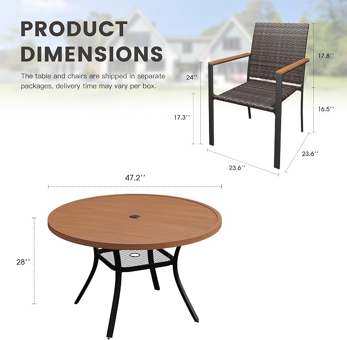 Round Patio Dining Set for 6, 47.2" Round Metal Table with Umbrella Hole and Stackable Wicker Patio Chairs, Outdoor Furniture Set for Deck Backyard Garden, Walnut Chairs, Walnut Table